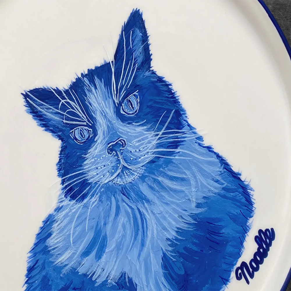 Cat Portrait Plate Blue and White Porcelain