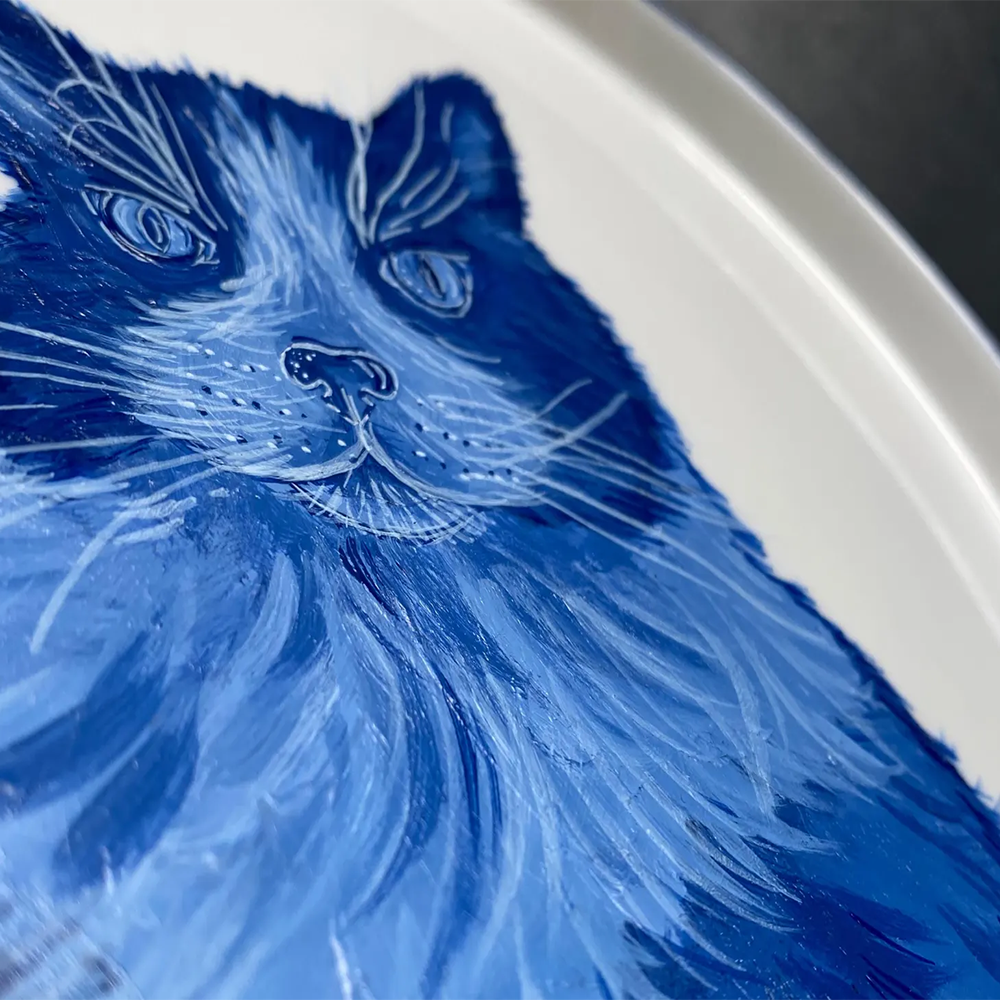 Cat Portrait Plate Blue and White Porcelain