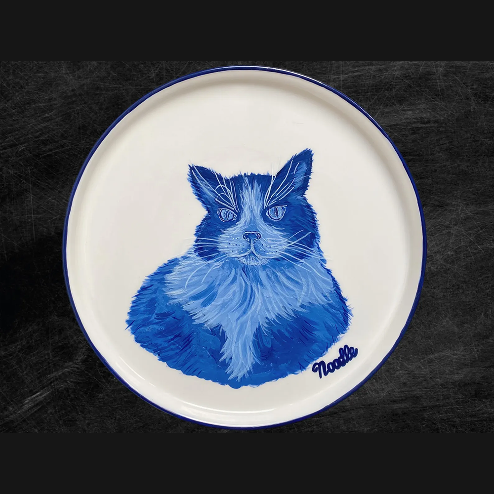 Cat Portrait Plate Blue and White Porcelain