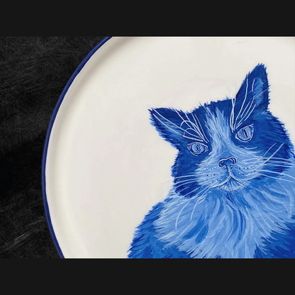Cat Portrait Plate Blue and White Porcelain