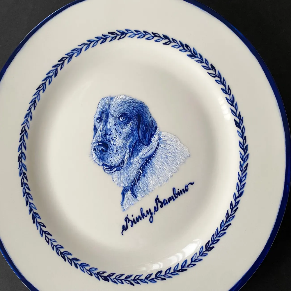 Cat Portrait Plate Blue and White Porcelain