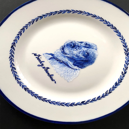 Cat Portrait Plate Blue and White Porcelain