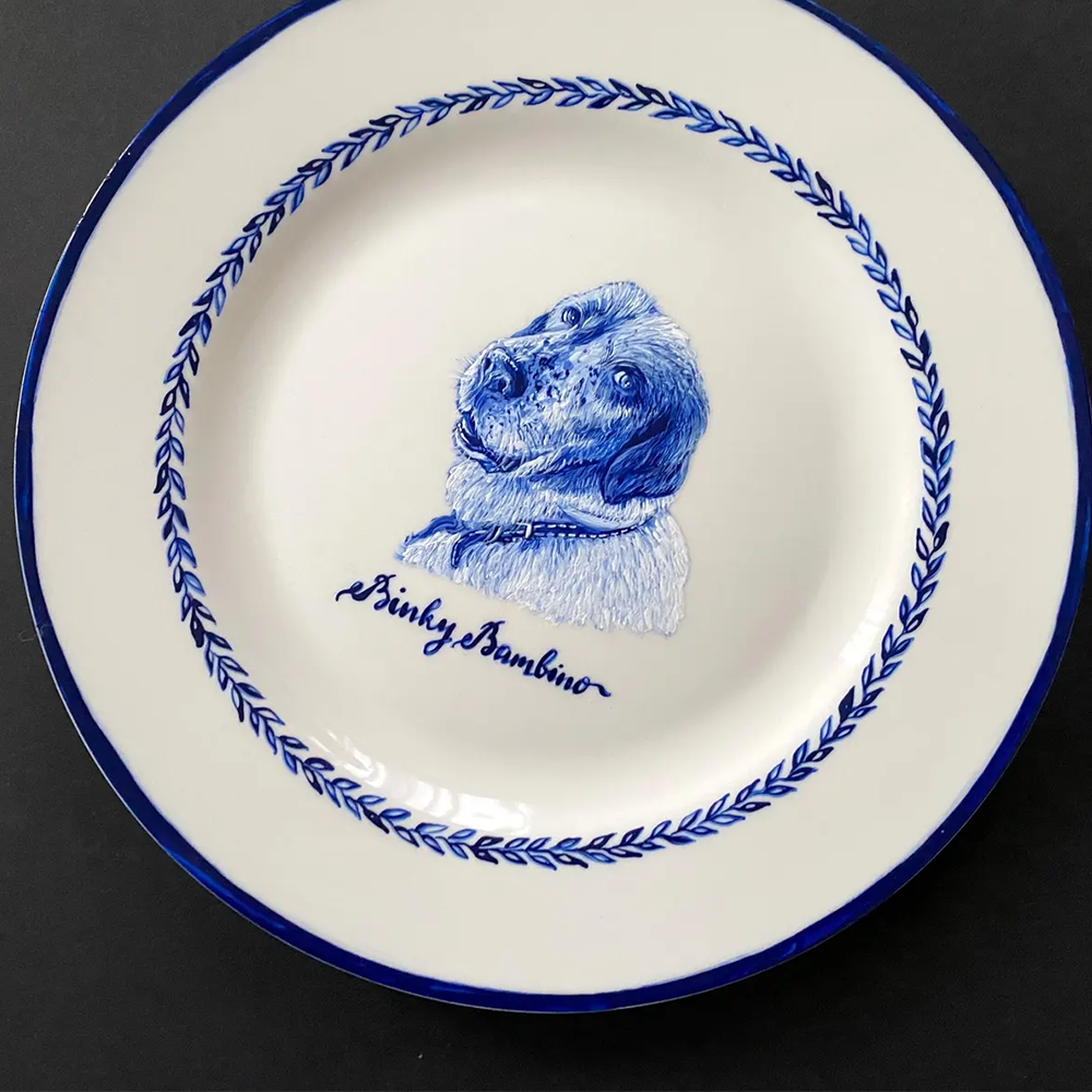 Cat Portrait Plate Blue and White Porcelain