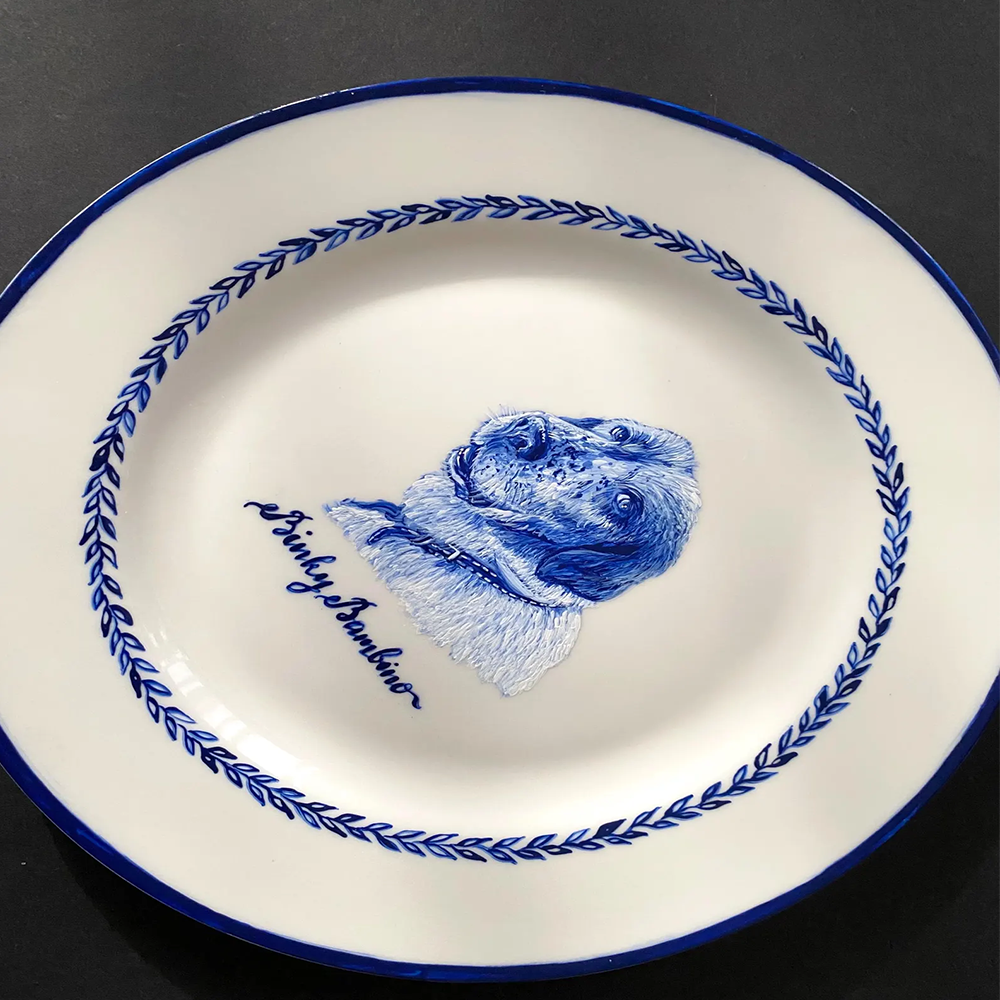 Cat Portrait Plate Blue and White Porcelain